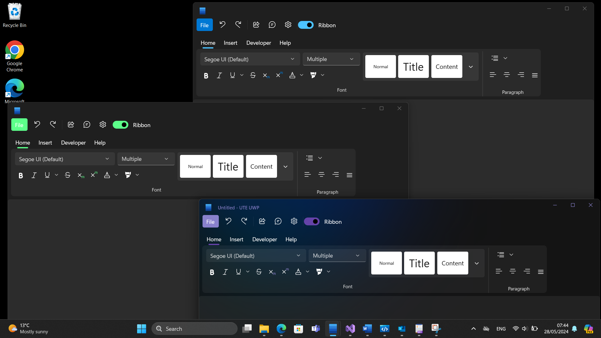 A screenshot of UltraTextEdit UWP Plus, with different windows, each with a different accent color open.