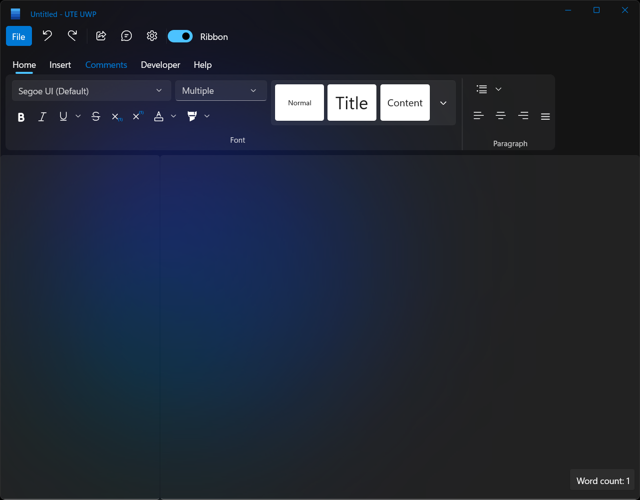 A screenshot of UltraTextEdit UWP Plus, with the newly introduced Ribbon UI enabled.